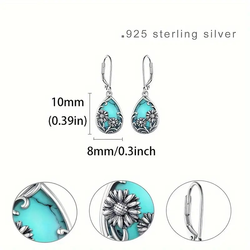 Sterling Silver Turquoise Sunflower Teardrop Drop Earrings