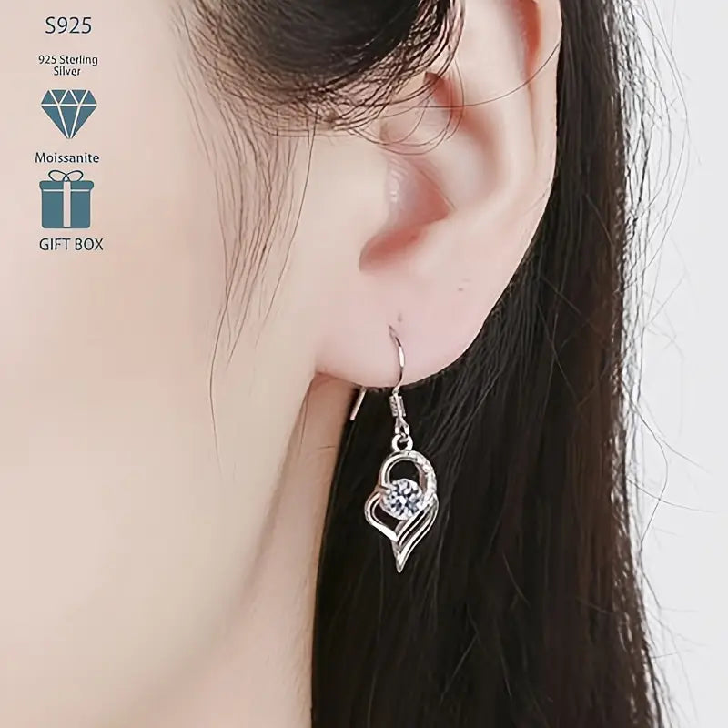 Sterling Silver White Moissanite Heart Pendant, Chain & Drop Earrings