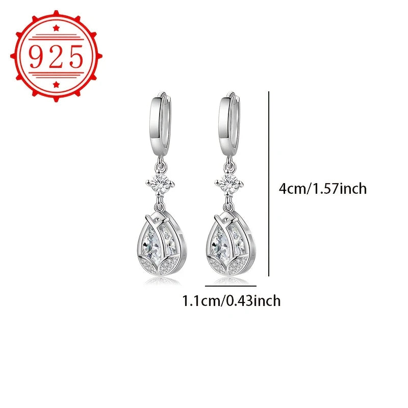 Sterling Silver Blue Cubic Zirconia Flower Teardrop Hoop Drop Earrings