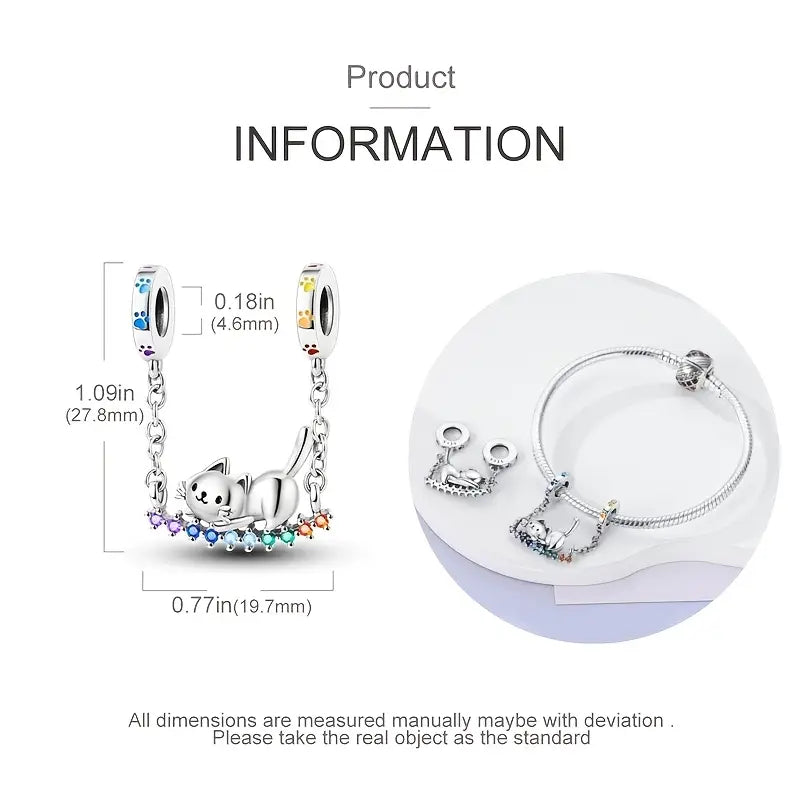 Sterling Silver Cat On Swing Rainbow Cubic Zirconia Bead Charm