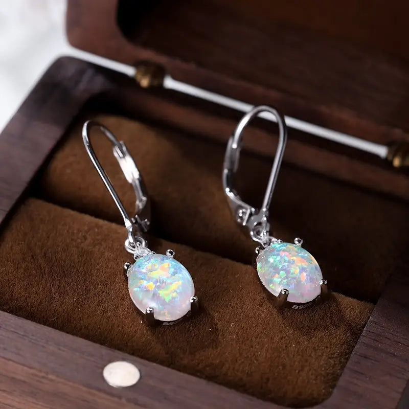 Sterling Silver Oval Opal Drop Earrings