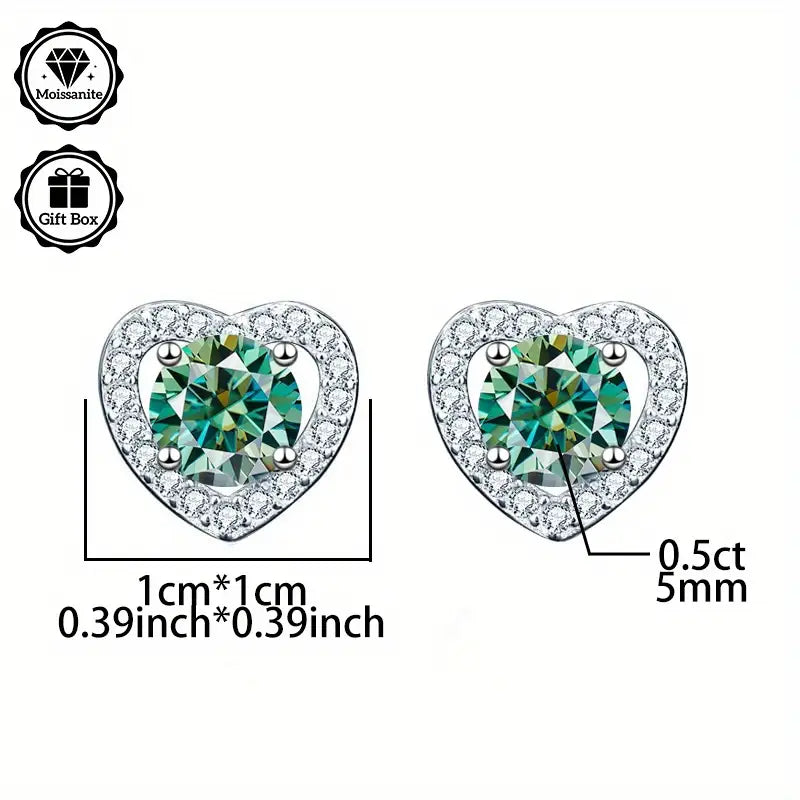 Sterling Silver 1ct Blue/Green Moissanite Heart Stud Earrings