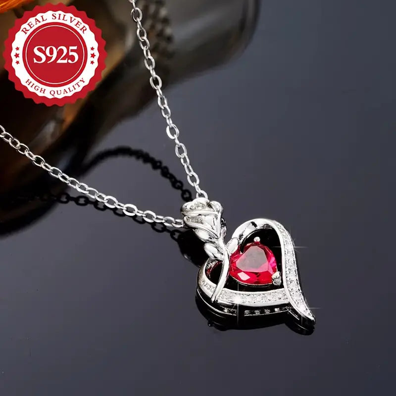Sterling Silver Red Cubic Zirconia Rose & Heart Pendant & Chain