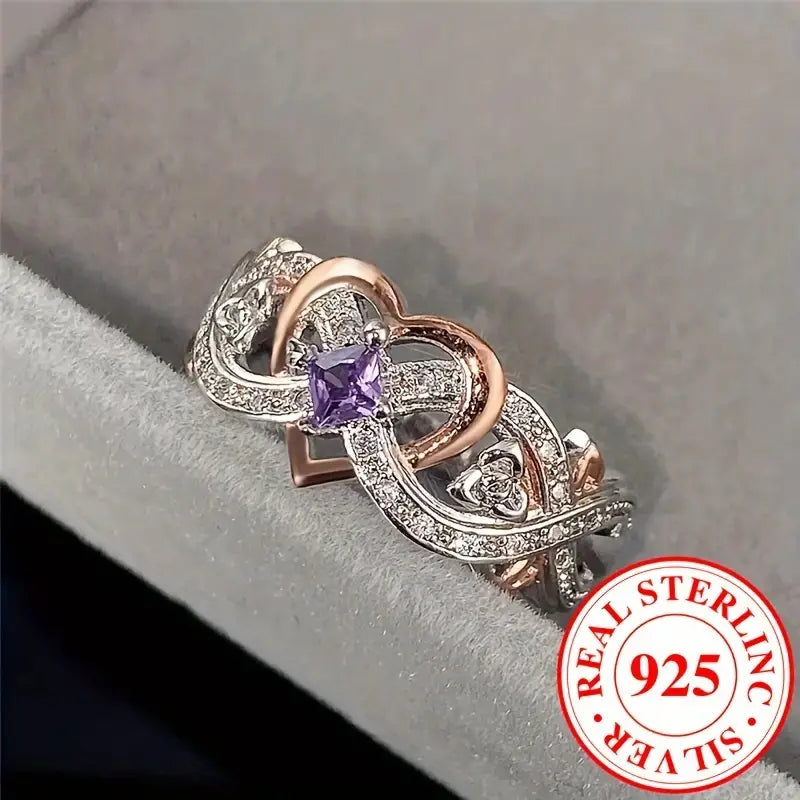 Sterling Silver Infinity Purple Cubic Zirconia Heart Ring size L, L 1/2, O, P 1/2, Q 1/2 or R