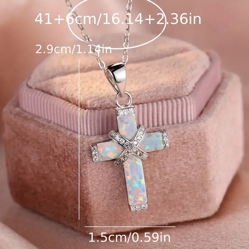 Sterling Silver Opal & C/Z Cross Pendant & Chain