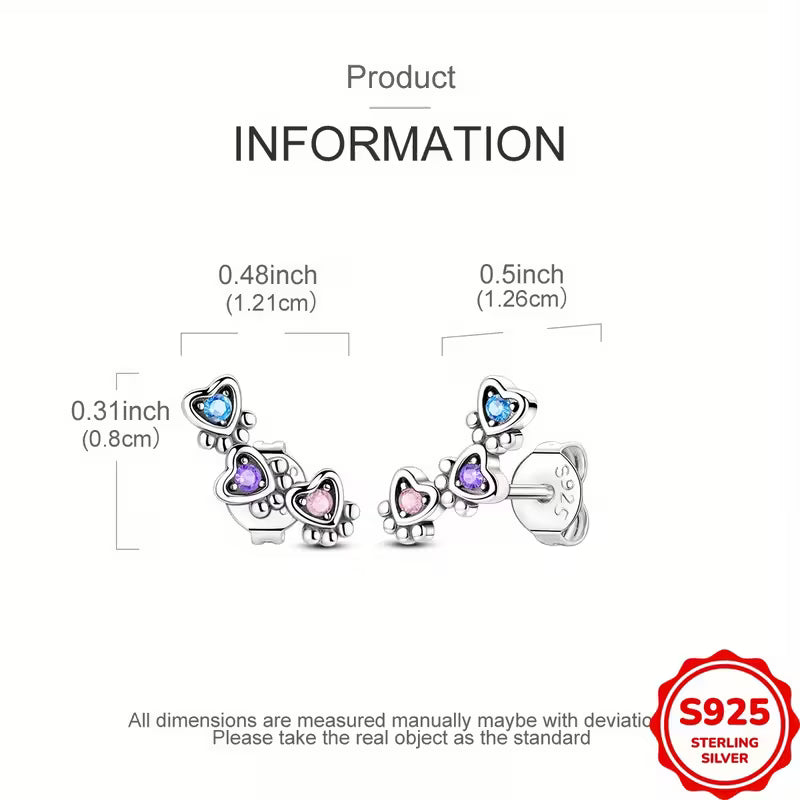 Sterling Silver Triple Paw Prints Cubic Zirconia Stud Earrings