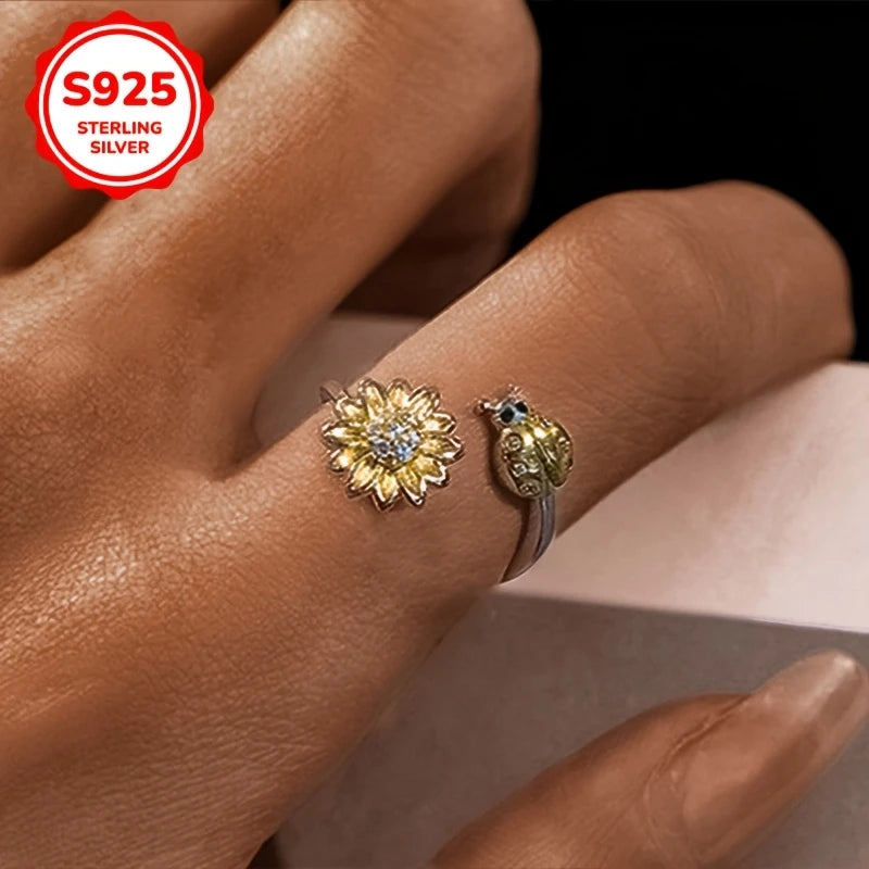 Sterlinf Silver Ladybird & Spinning Sunflower CZ Ring Adjustable size M-R