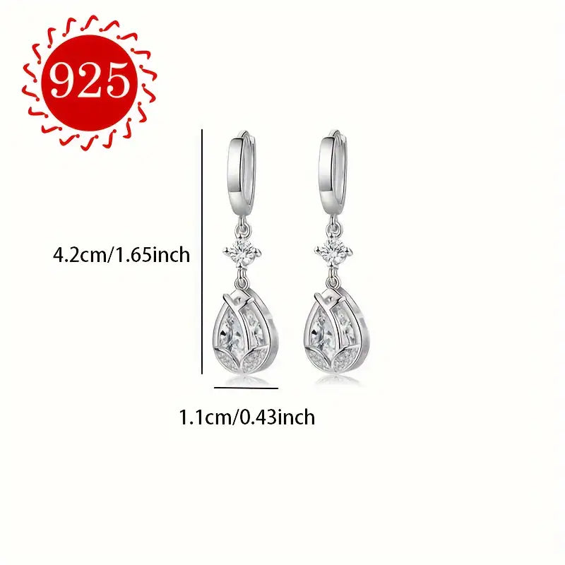 Sterling Silver White Cubic Zirconia Flower Teardrop Hoop Drop Earrings