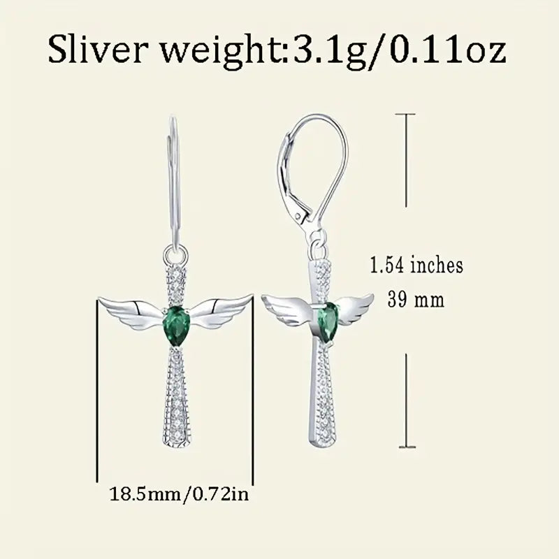 Sterling Silver Green Cubic Zirconia Angel Wings Cross Drop Earrings