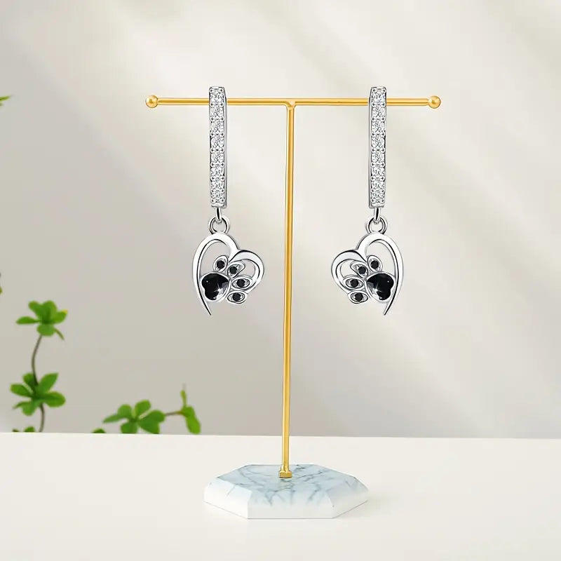 Sterling Silver Pawprints Heart Cubic Zirconia Hoop Drop Earrings