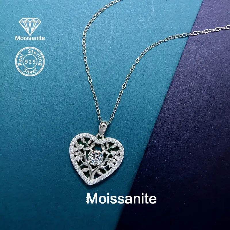 Sterling Silver 0.5ct White Moissanite Tree of Life Heart Pendant & Chain