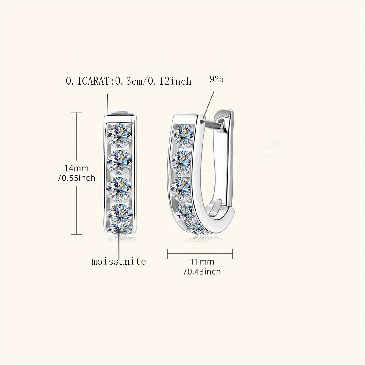 Sterling Silver Yellow Gold Plated 1ct White Moissanite Huggie Hoop Earrings