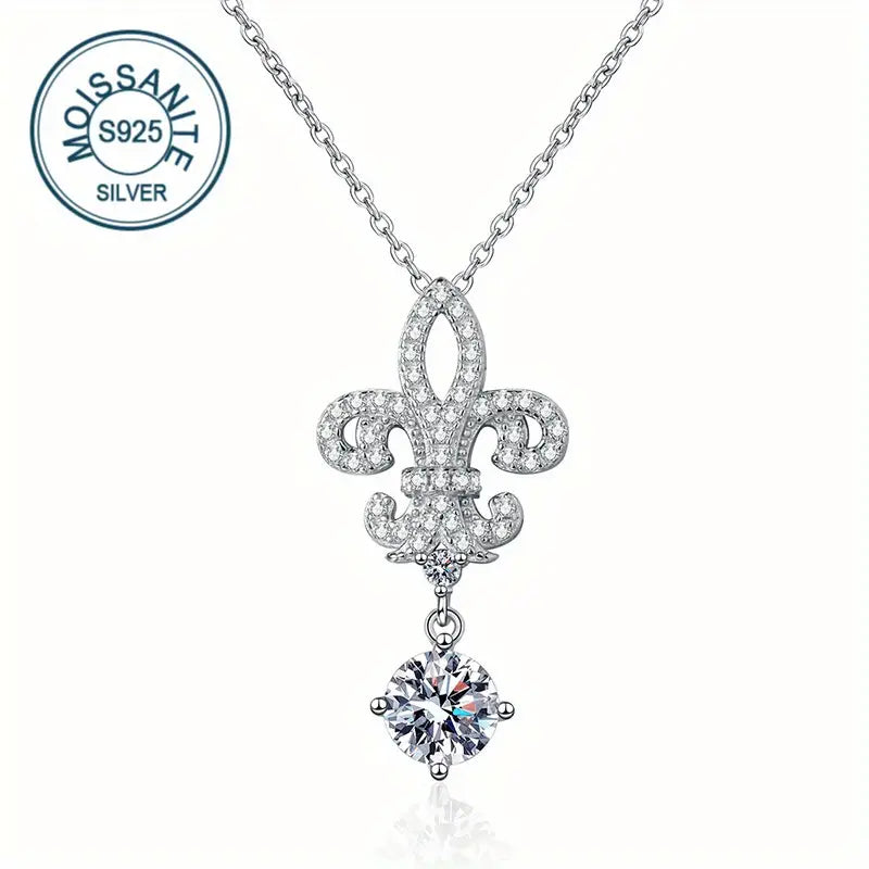 Sterling Silver 1ct White Moissanite Fleur de Lys Pendant & Chain
