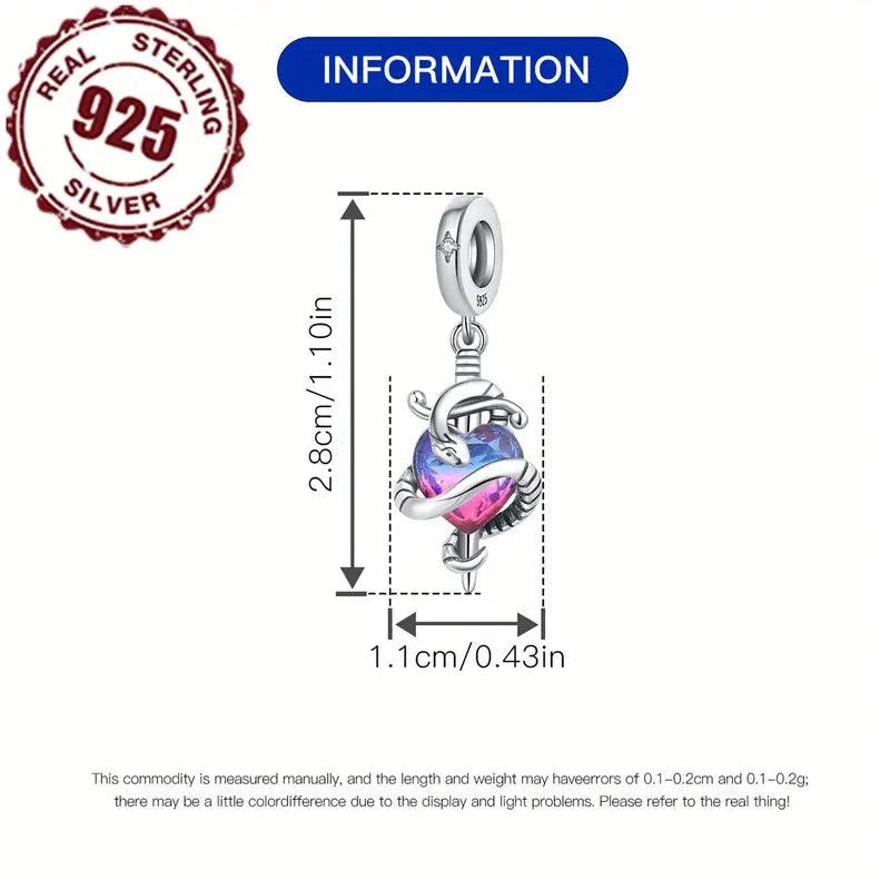 Sterling Silver Serpent & Sword Cubic Zirconia Heart Bead Charm