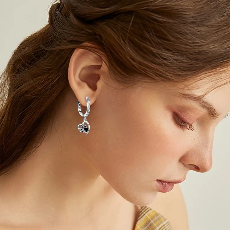 Sterling Silver Pawprints Heart Cubic Zirconia Hoop Drop Earrings
