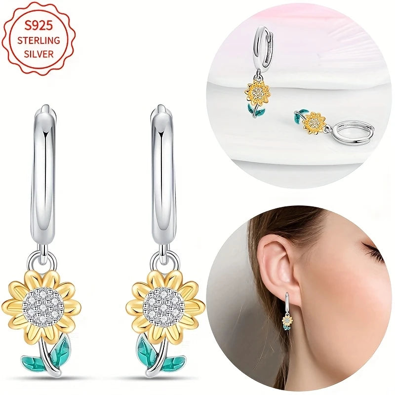 Sterling Silver Sunflower Hoop Drop Earrings