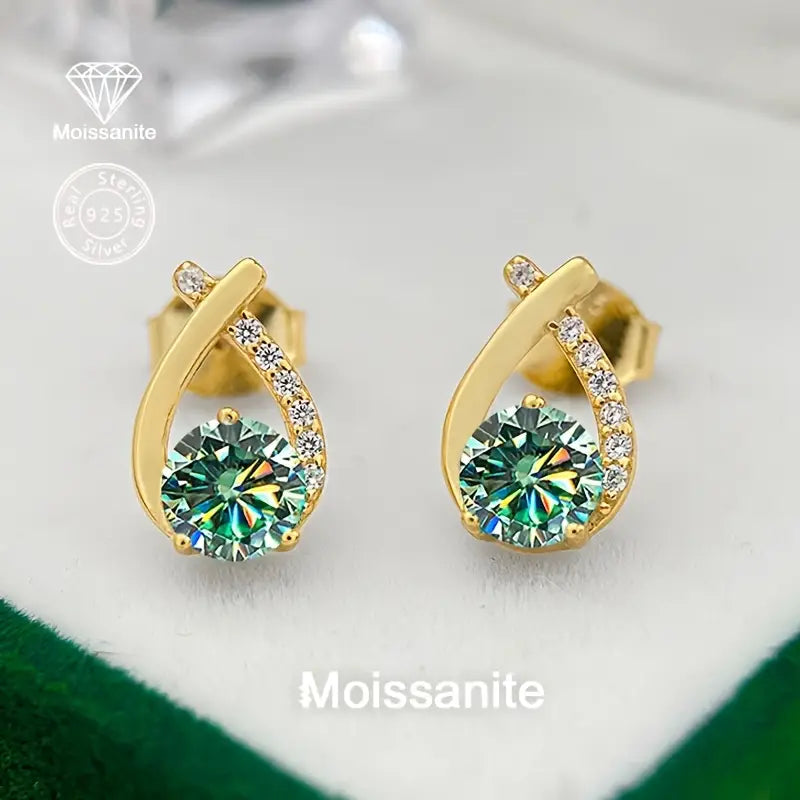 Sterling Silver Yellow Gold Plated 0.5ct Blue/Green Moissanite Stud Earrings
