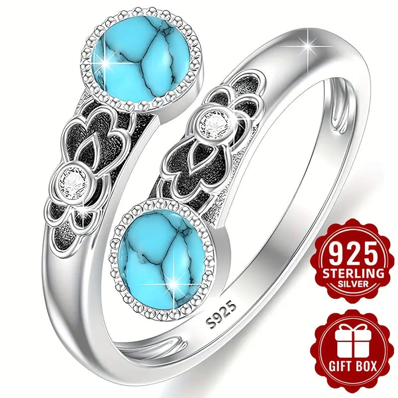 Sterling Silver Round Turquoise Patterned Ring (Large) Adjustable P-T