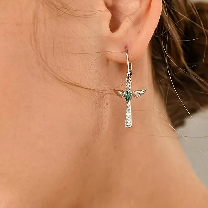 Sterling Silver Green Cubic Zirconia Angel Wings Cross Drop Earrings