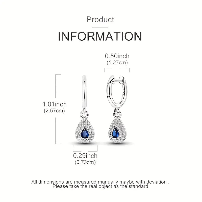 Sterling Silver Blue & White Cubic Zirconia Teardrop Hoop Drop Earrings