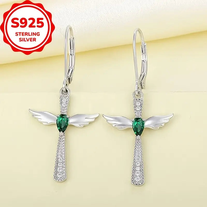 Sterling Silver Green Cubic Zirconia Angel Wings Cross Drop Earrings
