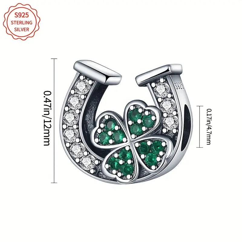 Sterling Silver Lucky Horseshoe & 4 Leaf Clover Cubic Zirconia Bead Charm
