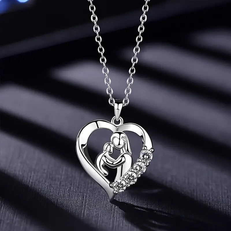 Sterling Silver Mother & Child Cubic Zirconia Heart Pendant & Chain