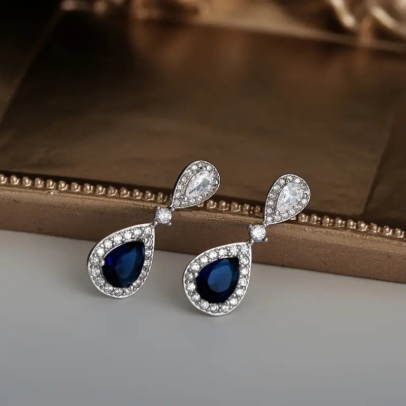 Sterling Silver Blue & White Cubic Zirconia Teardrop Earrings