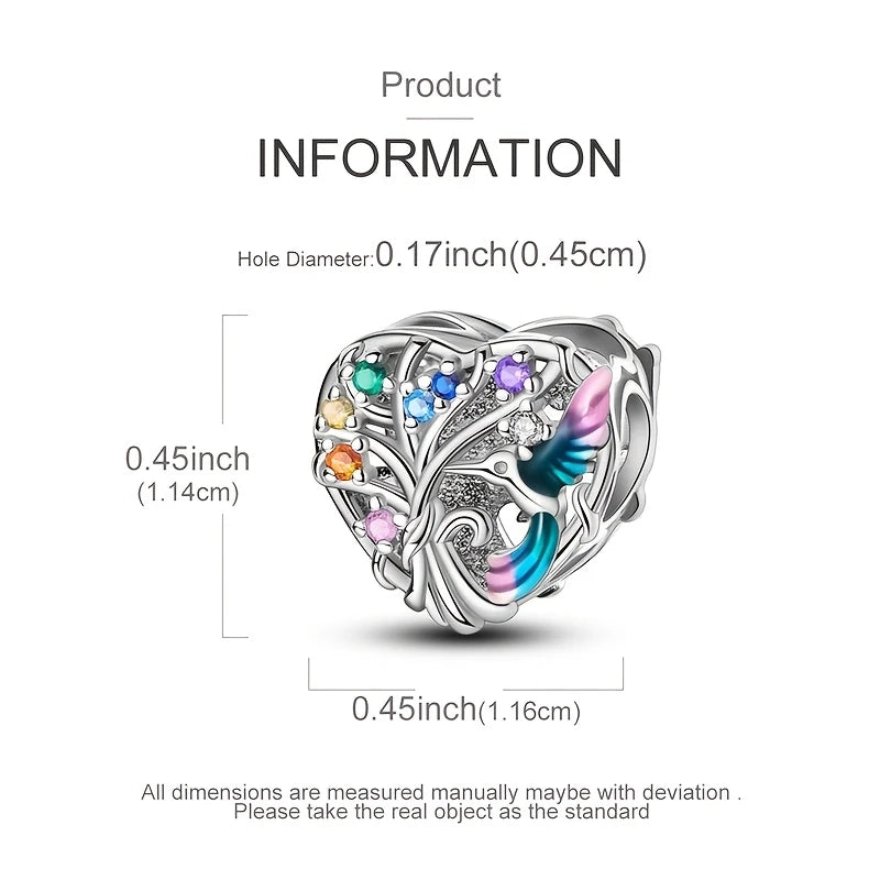 Sterling Silver Hummingbird Multi Coloured Cubic Zirconia Heart Bead Charm