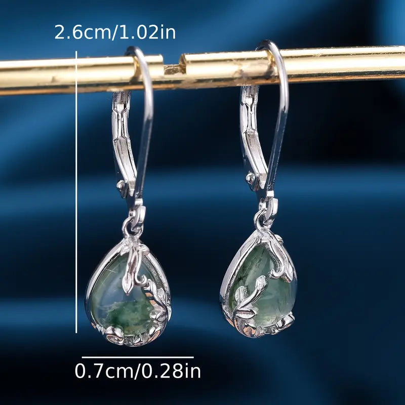 Sterling Silver Moss Agate Vine Teardrop Drop Earrings
