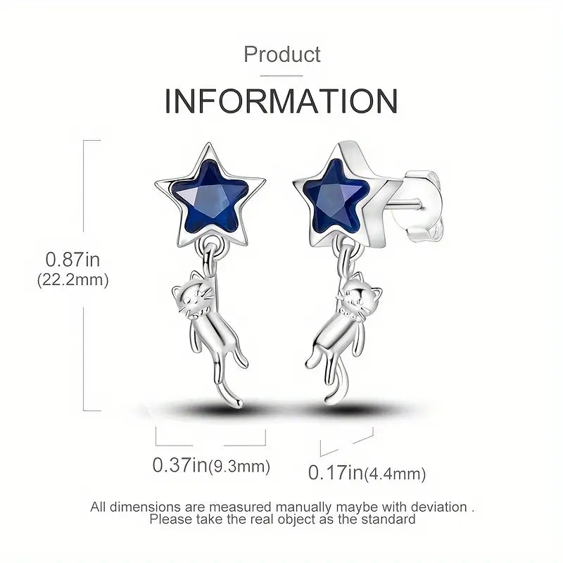 Sterling Silver Blue Cubic Zirconia Star & Cat Earrings