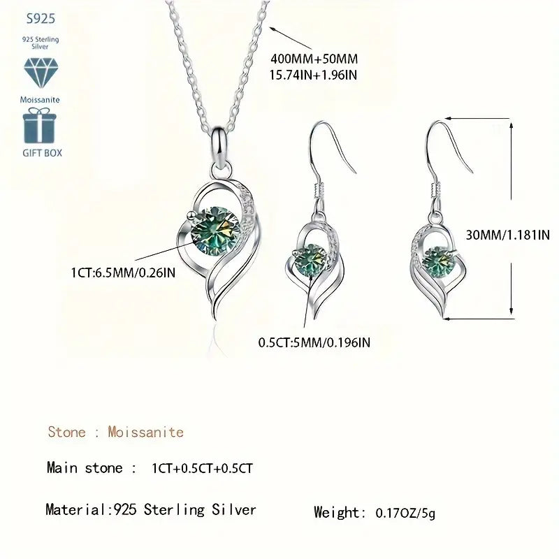 Sterling Silver Light Blue Moissanite Heart Pendant, Chain & Drop Earrings