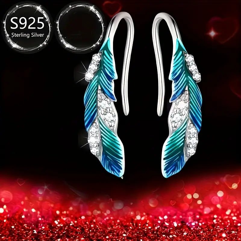 Sterling Silver Feather White Cubic Zirconia Hook Earrings