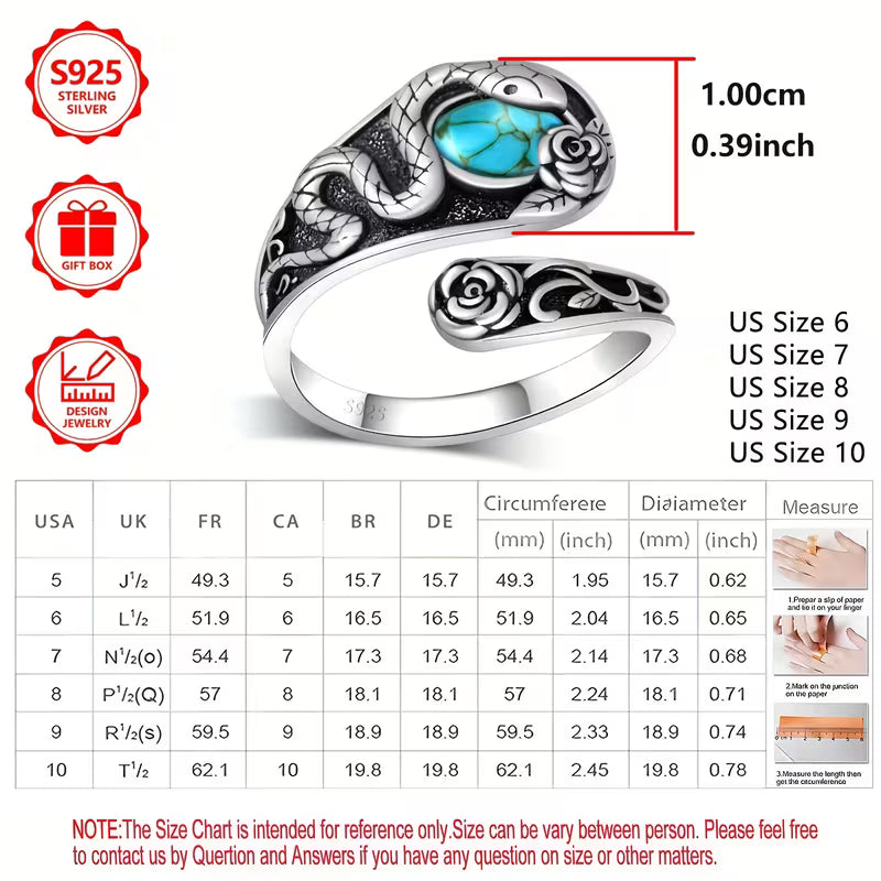 Sterling Silver Snake & Rose Oval Turquoise Ring Adjustable P-T