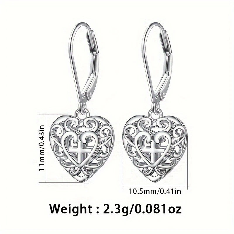 Sterling Silver Heart Cross Drop Earrings