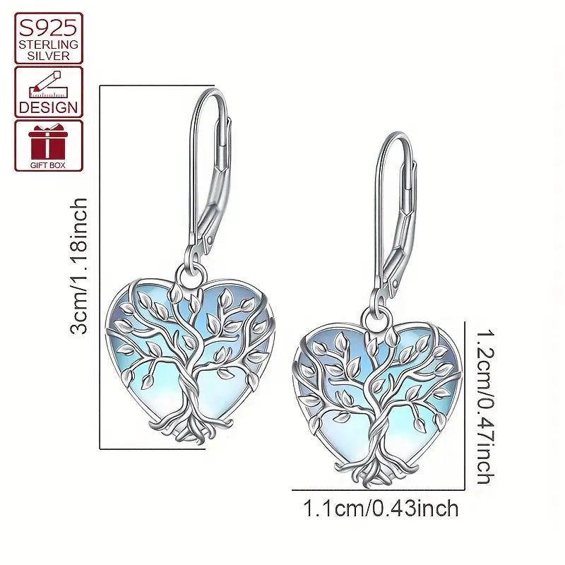 Sterling Silver Tree of Life Moonstone Heart Drop Earrings