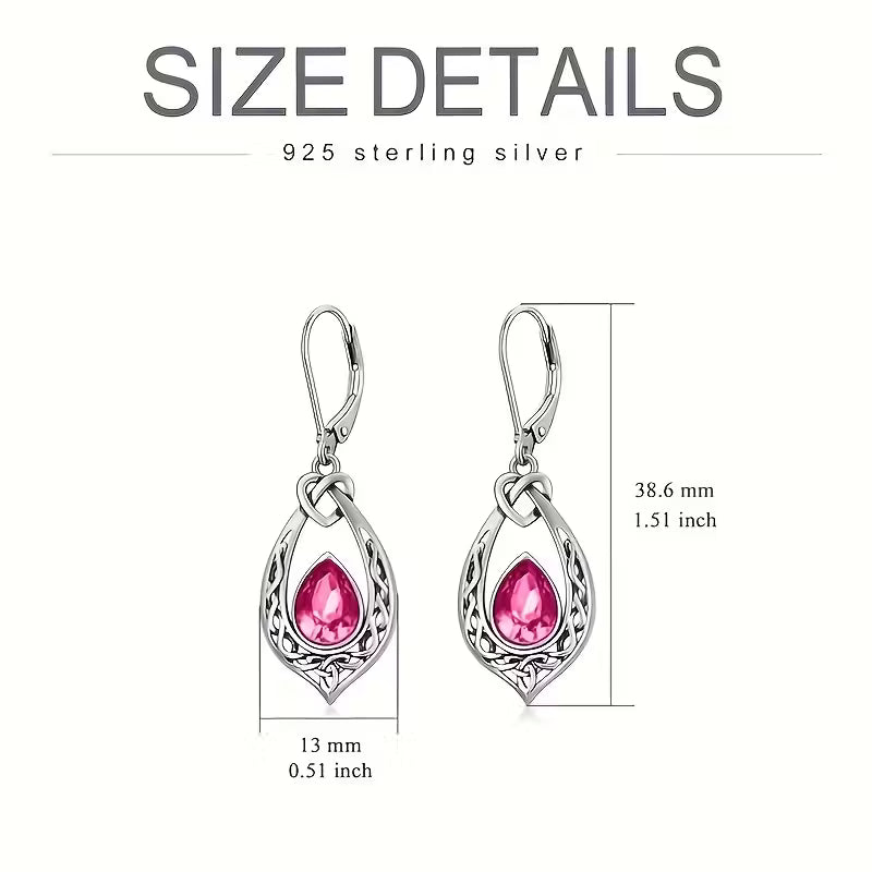 Sterling Silver Celtic Knot Red CZ Teardrop Drop Earrings