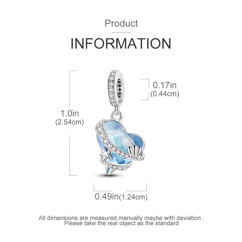 Sterling Silver Blue Heart, Shell & Starfish CZ Bead Charm