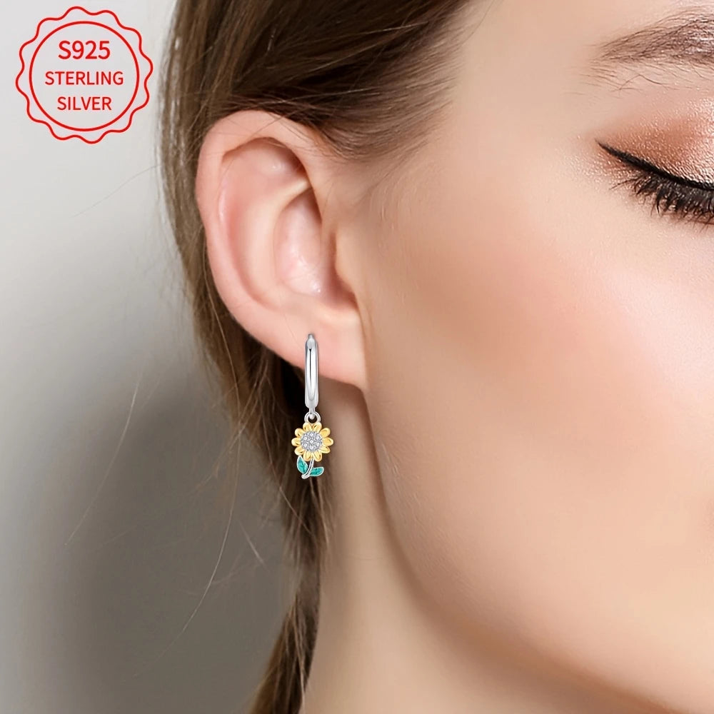 Sterling Silver Sunflower Hoop Drop Earrings