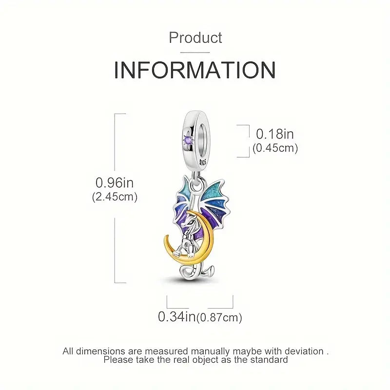 Sterling Silver Dragon on Crescent Moon Bead Charm