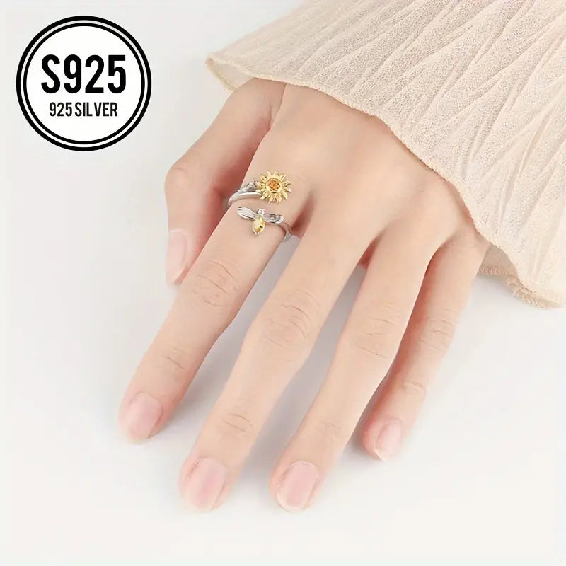 Sterling Silver Adjustable Honeybee & Sunflower Cubic Zirconia Ring