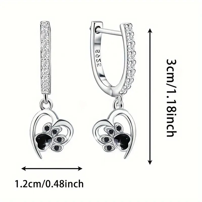 Sterling Silver Pawprints Heart Cubic Zirconia Hoop Drop Earrings