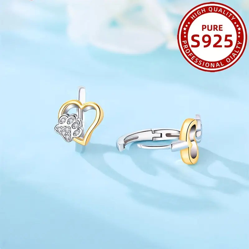 Sterling Silver Heart Paw CZ Small Hoop Earrings