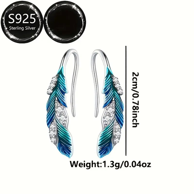 Sterling Silver Feather White Cubic Zirconia Hook Earrings