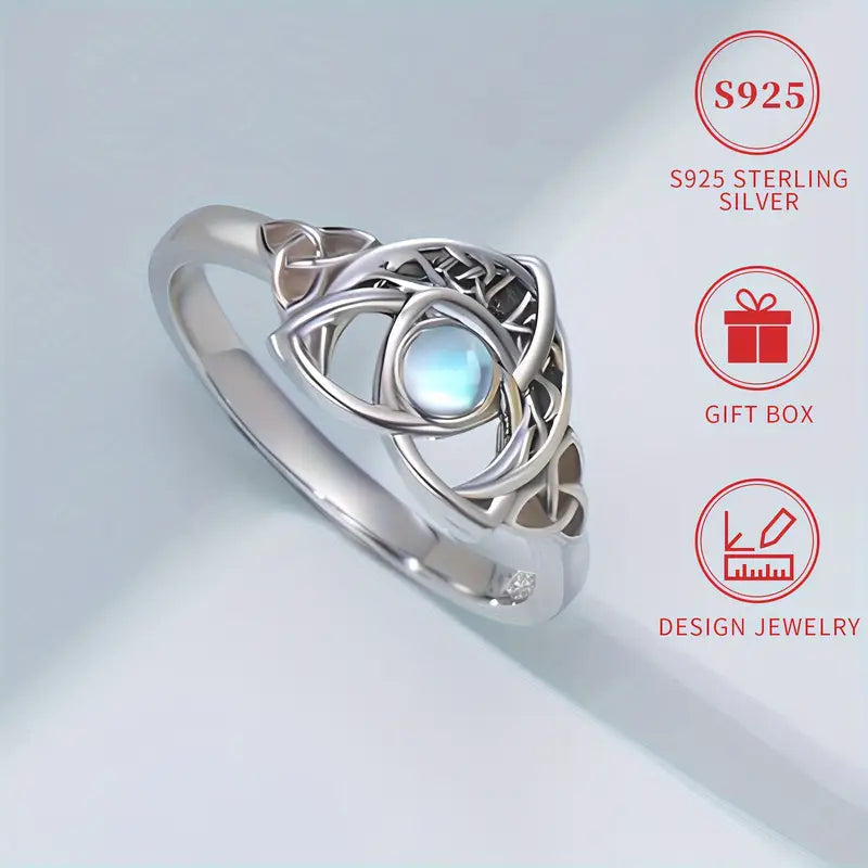 Sterling Silver Celtic Trinity Knot Crescent Moon Moonstone Ring size M, O, P 1/2, S or T 1/2