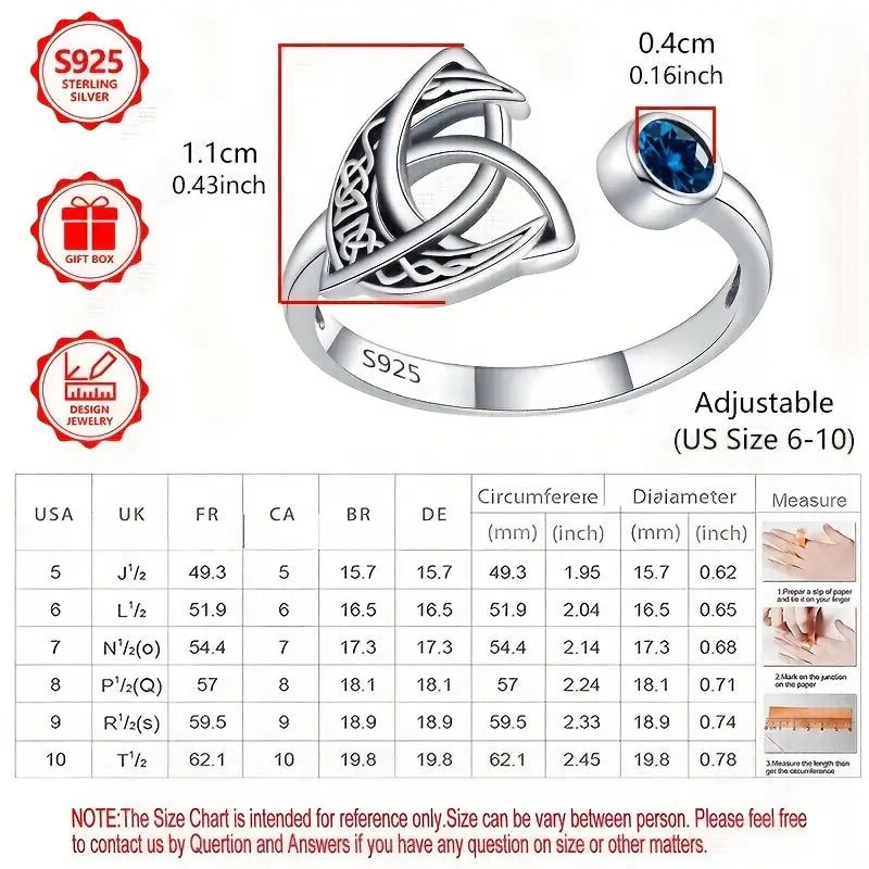 Sterling Silver Celtic Knot Crescent Moon Blue Cubic Zirconia Ring (Adjustable O-T)