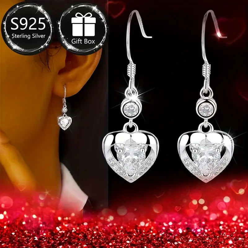 Sterling Silver White Cubic Zirconia Heart Drop Earrings