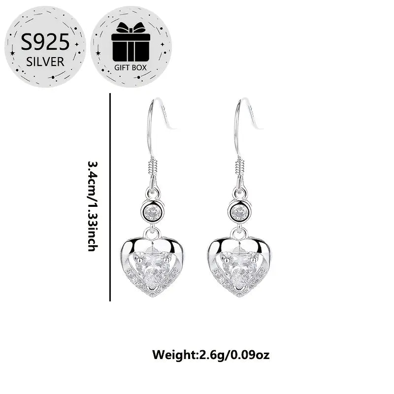 Sterling Silver White Cubic Zirconia Heart Drop Earrings