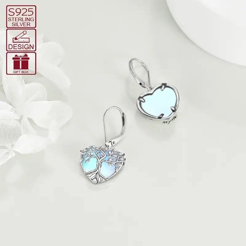 Sterling Silver Tree of Life Moonstone Heart Drop Earrings