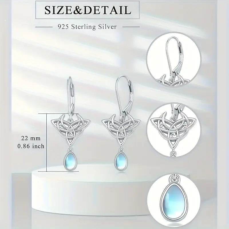 Sterling Silver Celtic Knot Crescent Moon Moonstone Drop Earrings